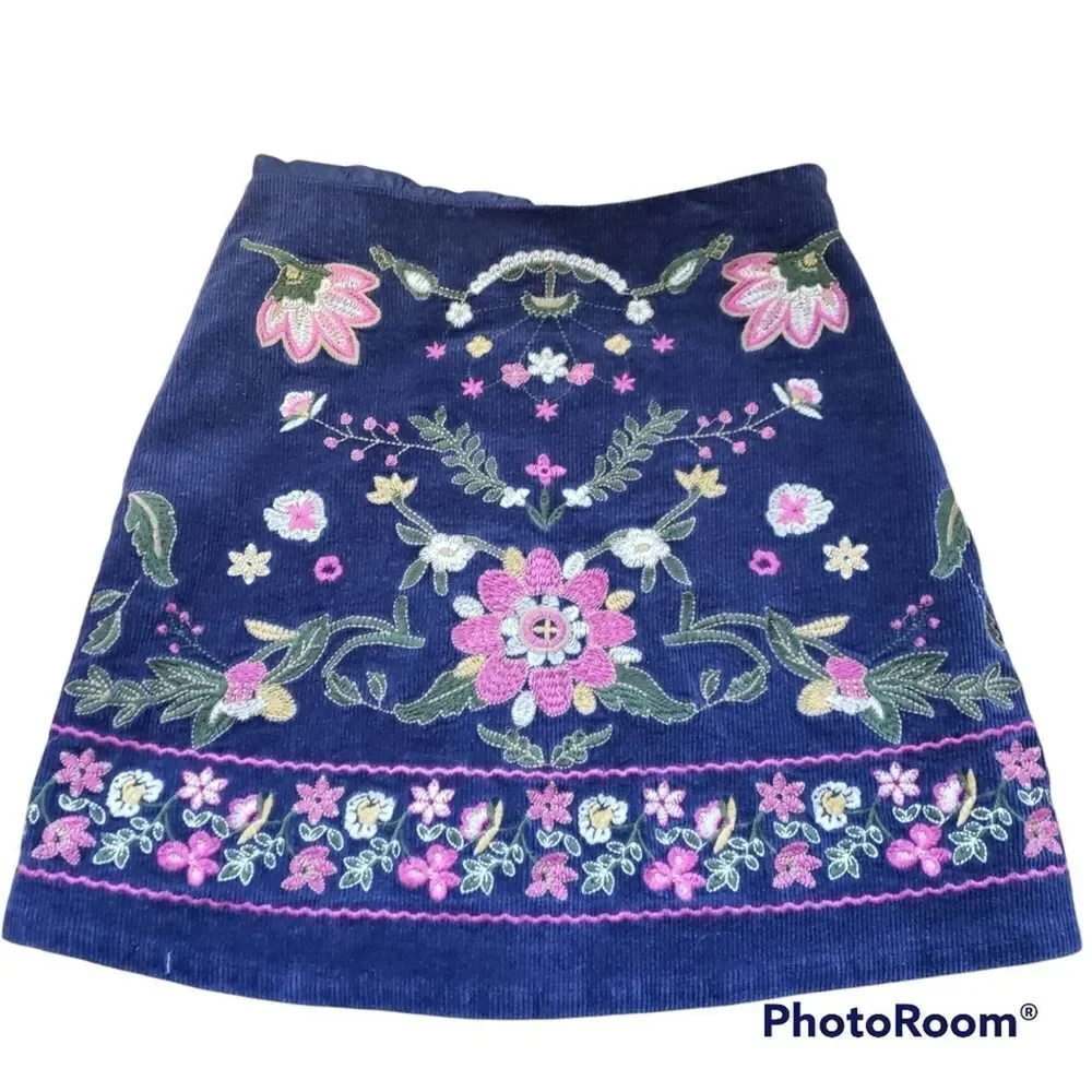 Harper skirt navy corduroy floral embroidered short S